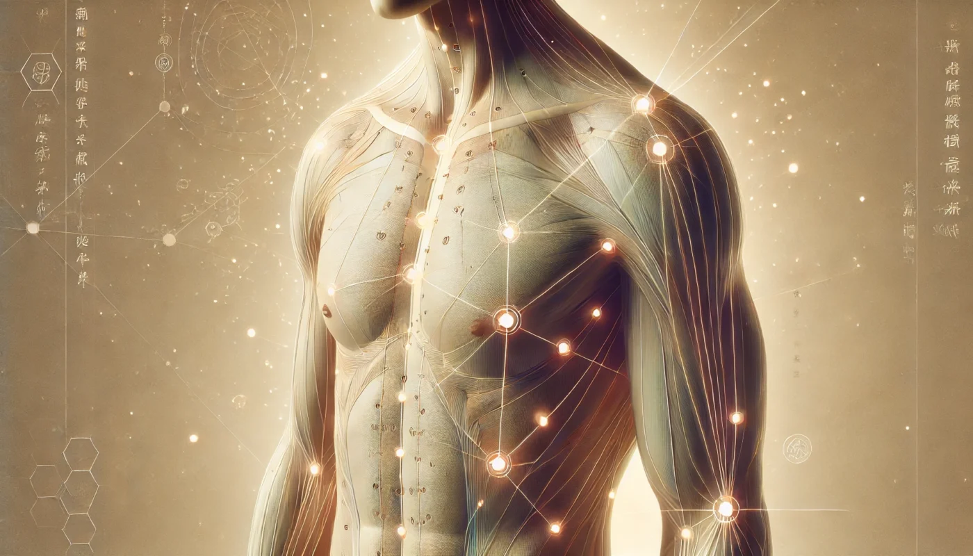 A serene illustration of acupuncture points on a human body in a meditative pose, highlighting energy pathways or meridians, set against a calming spa-like gradient background in earth tones