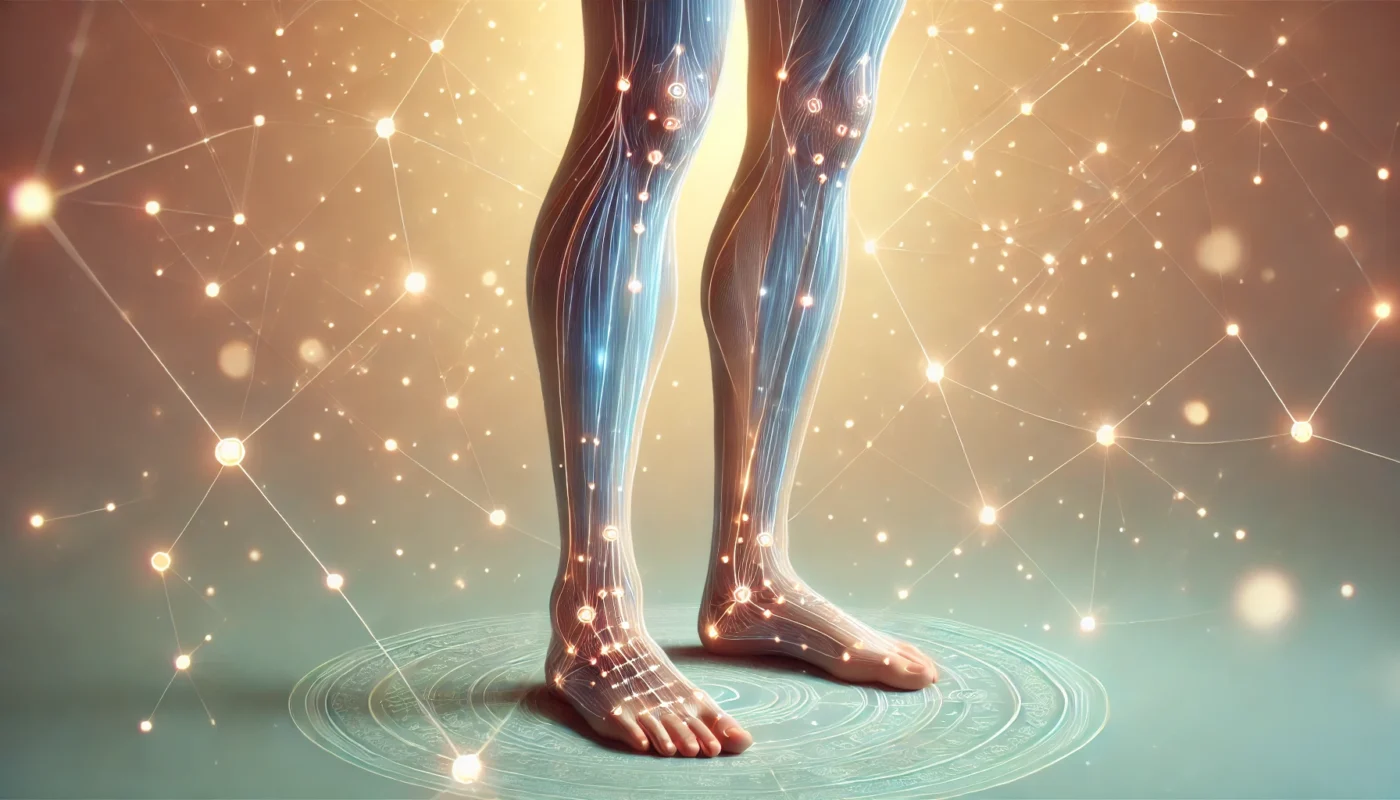 Artistic illustration of acupuncture points on the upper torso and arms, featuring glowing dots and energy meridians, with a soothing background inspired by traditional Chinese medicine.