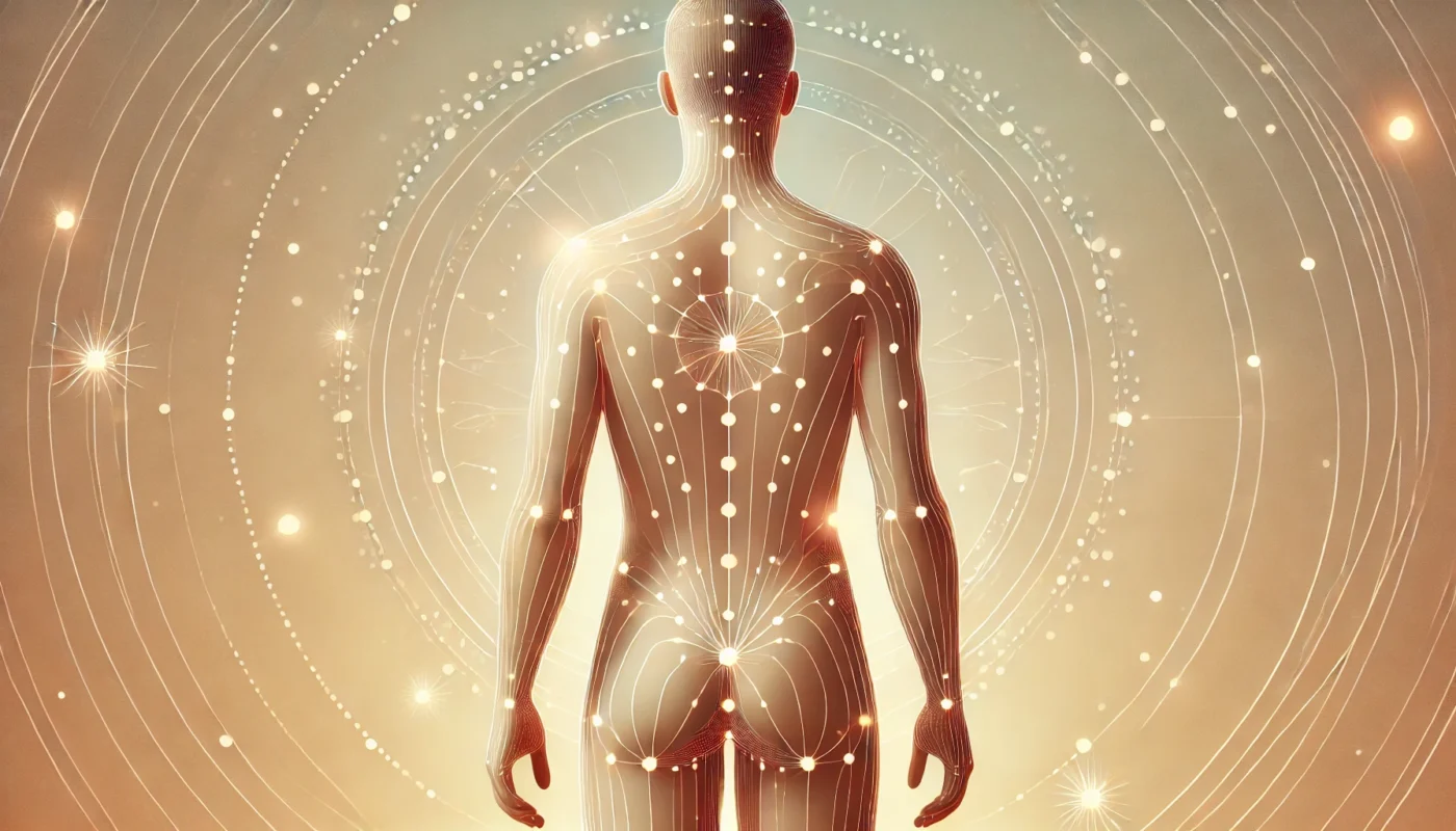 Detailed depiction of acupuncture points on the lower body, focusing on the legs and feet, with glowing nodes connected by subtle meridians, set against a calming natural gradient background.