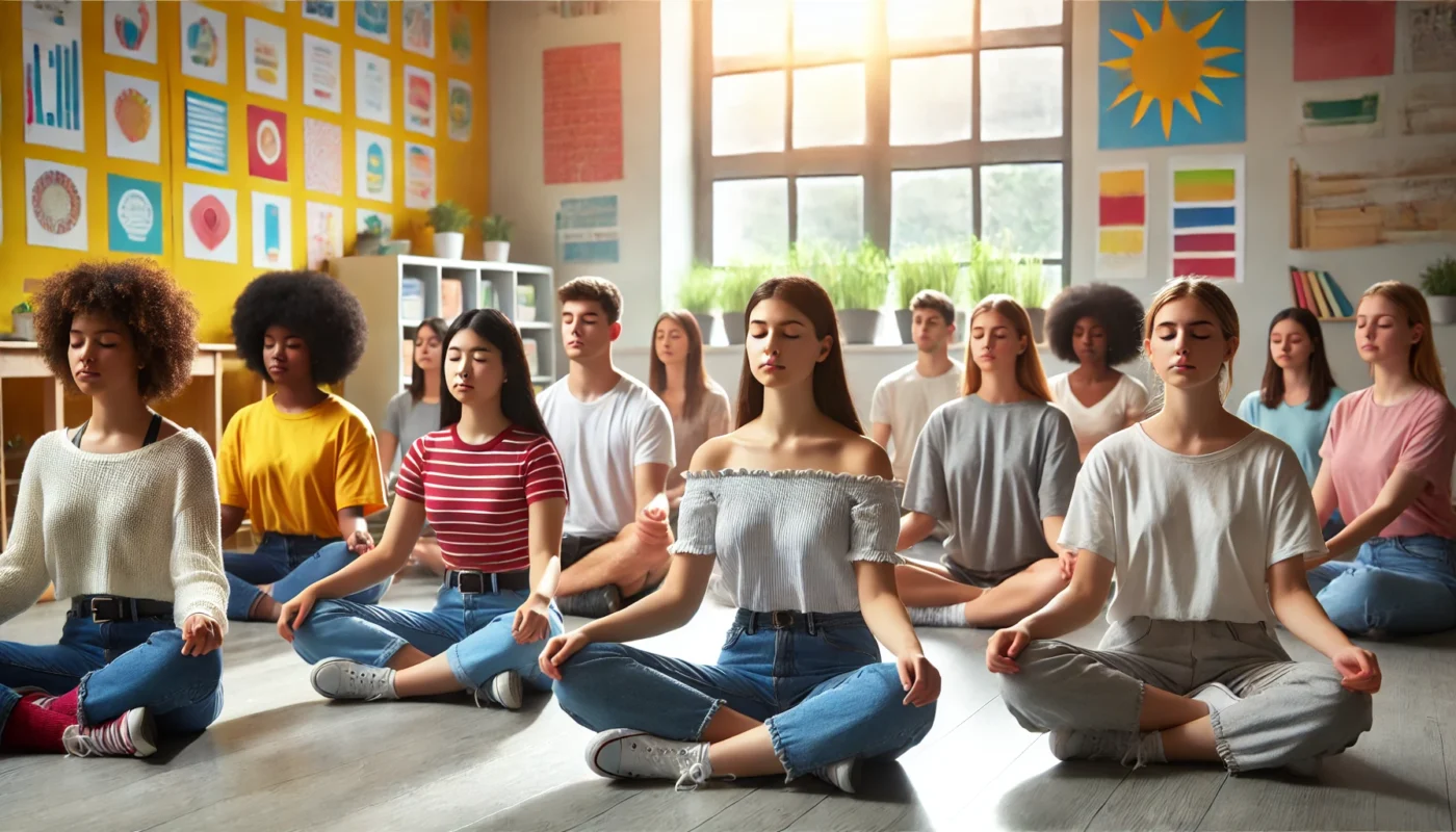 A group of diverse students sitting cross-legged on the floor of a bright classroom, eyes closed, practicing mindful breathing exercises led by a teacher. The atmosphere is calm and focused, with a peaceful ambiance enhanced by natural lighting and colorful posters on the walls.