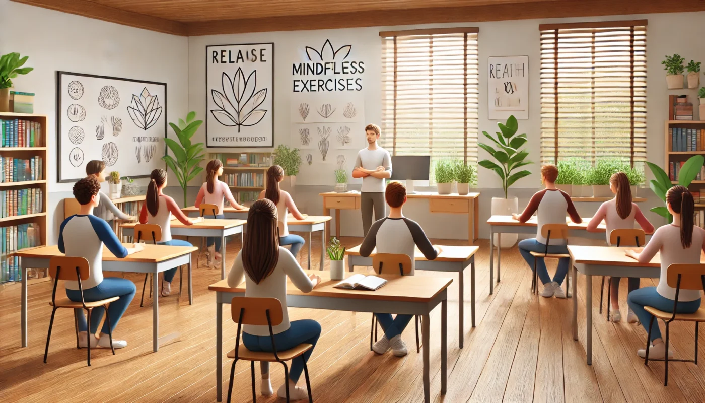 A serene classroom setting where students are seated at their desks practicing mindfulness exercises, guided by a teacher. The classroom features motivational posters and plants, creating a calm and inviting atmosphere