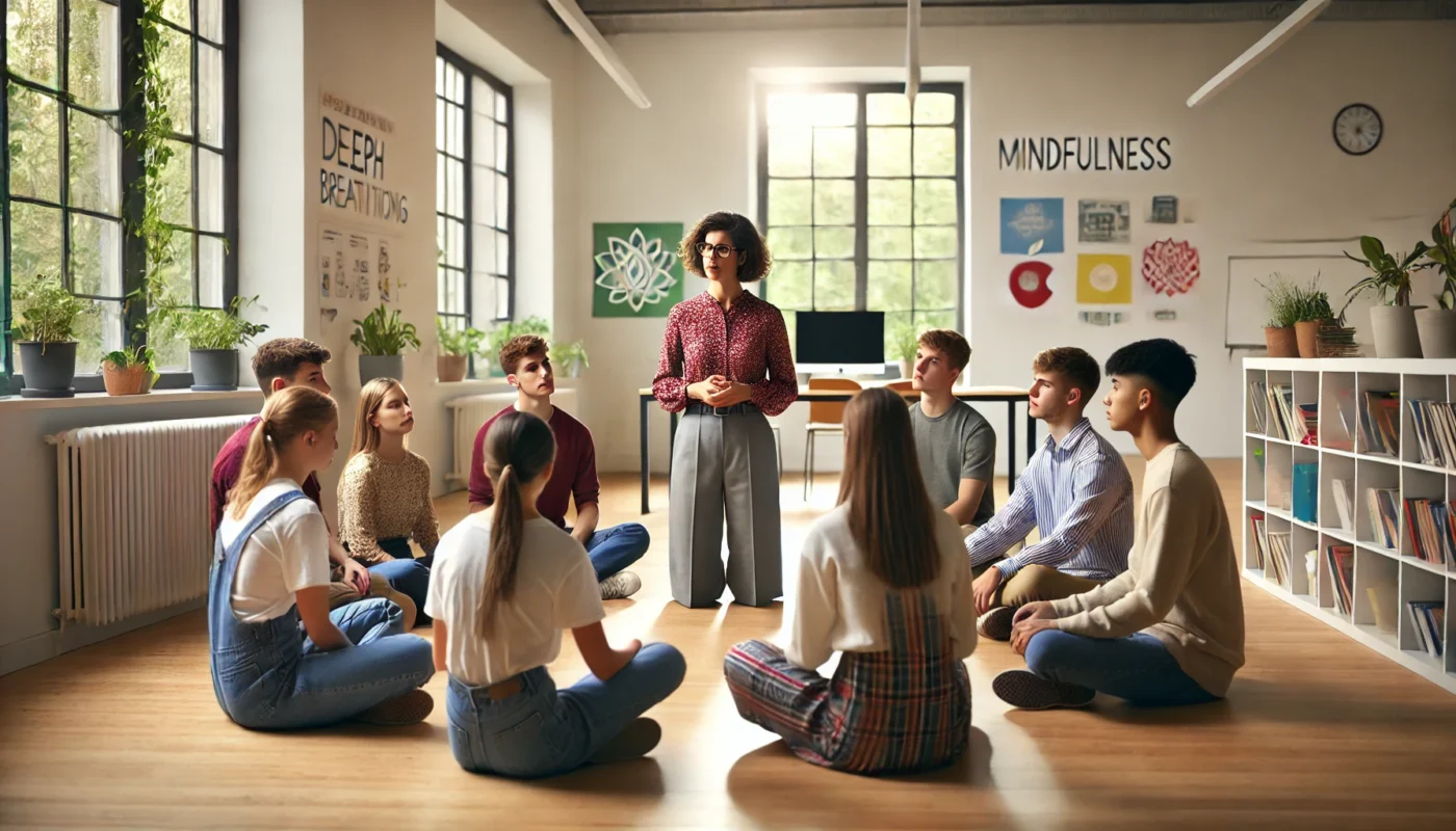 A teacher guiding a group of students through a mindfulness exercise in a bright and modern classroom. The students are sitting in a circle, focusing on their breathing, while the teacher leads the session in a calm and supportive manner