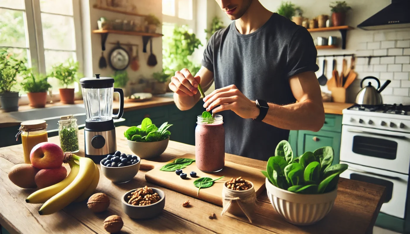 A person preparing a focus-boosting smoothie with blueberries, walnuts, and spinach in a bright, organized home kitchen