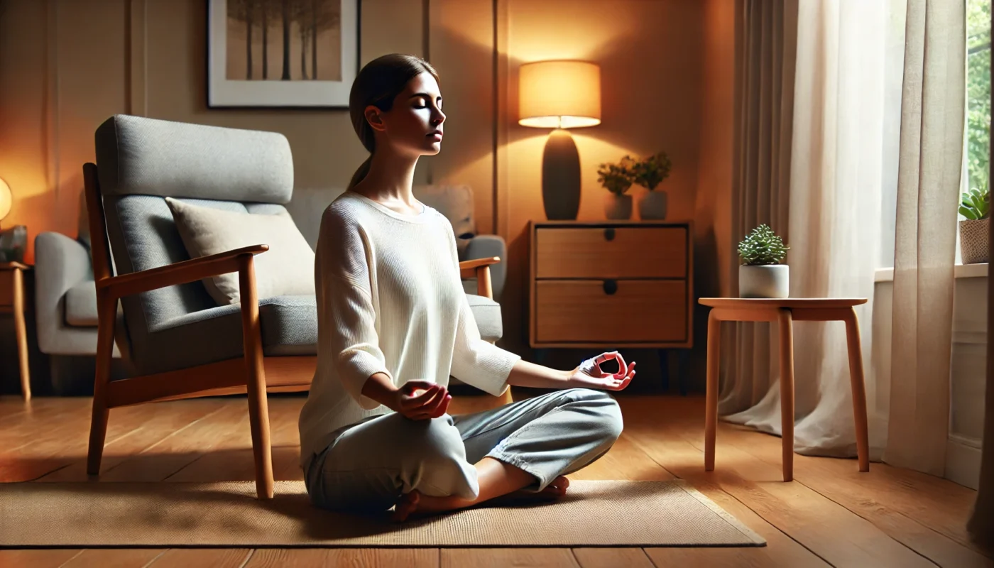 A person practicing mindful breathing in a peaceful home environment to increase attention span and focus