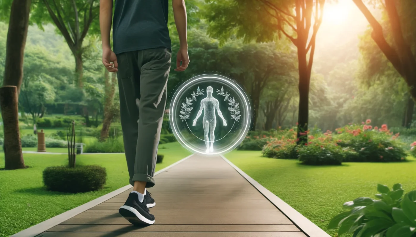 A person practicing mindful walking in a tranquil park to increase attention span and enhance focus