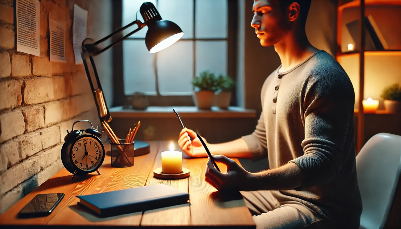 A person practicing focused attention meditation at a distraction-free desk to increase attention span and enhance focus