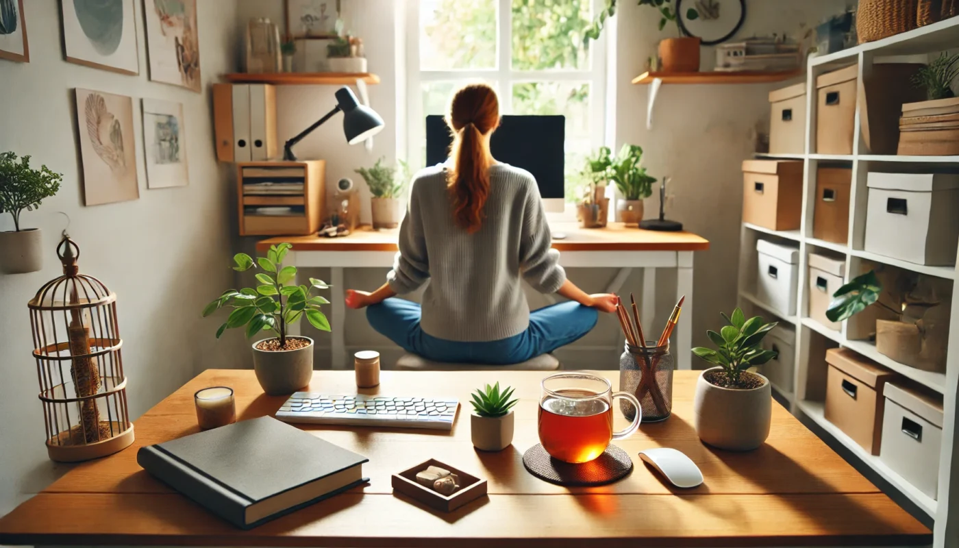 A person practicing deep breathing exercises in a cozy home workspace with natural lighting and calming elements to enhance focus