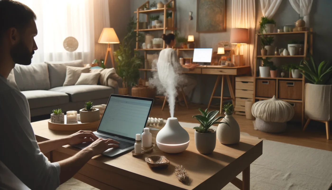 A person using aromatherapy with a diffuser in a calm, clutter-free home environment to enhance focus and productivity