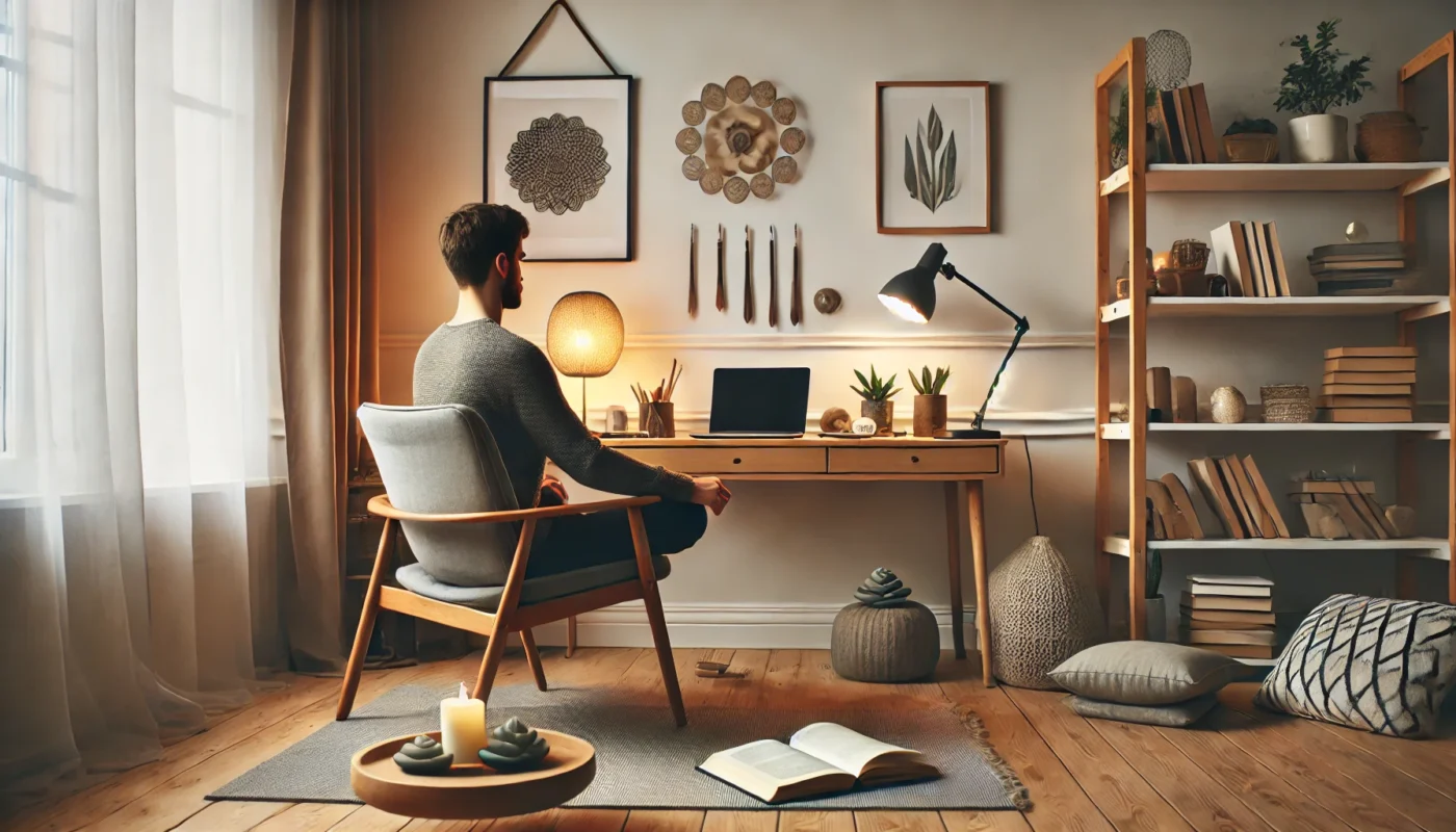 A person practicing mindfulness meditation in a minimalistic home study area with soft lighting and calming elements to improve focus