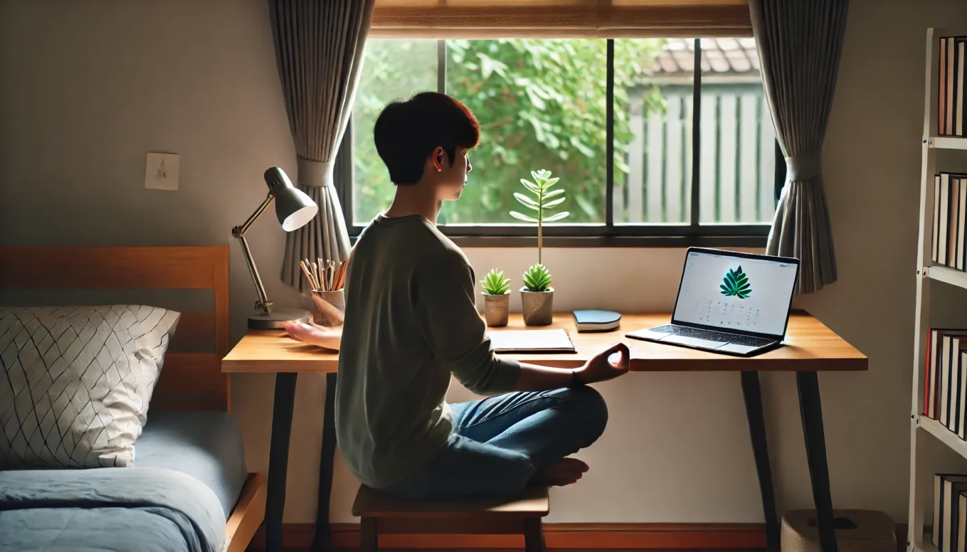 A student practicing mindfulness meditation at their study desk to improve concentration and mental clarity