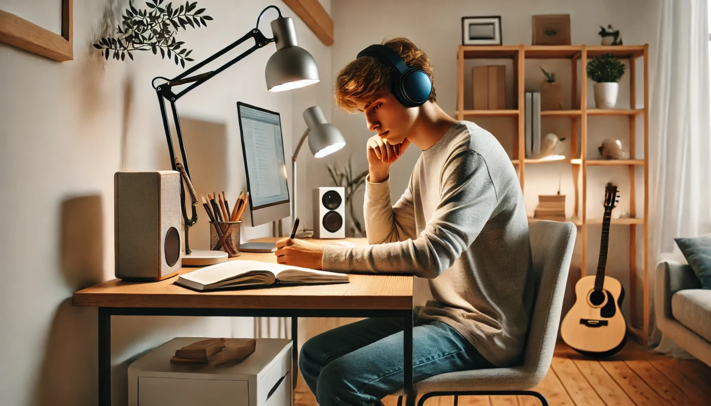 A distraction-free study space with a student using noise-canceling headphones to improve concentration and focus