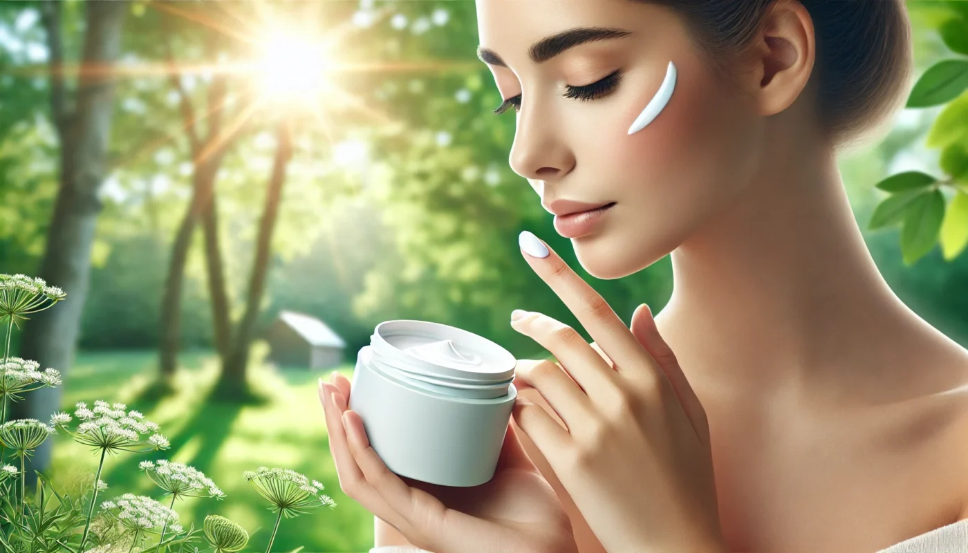 A woman in a tranquil outdoor setting applying sunblock cream to her face, surrounded by soft sunlight filtering through green trees, emphasizing the importance of using sunblock cream for face protection.