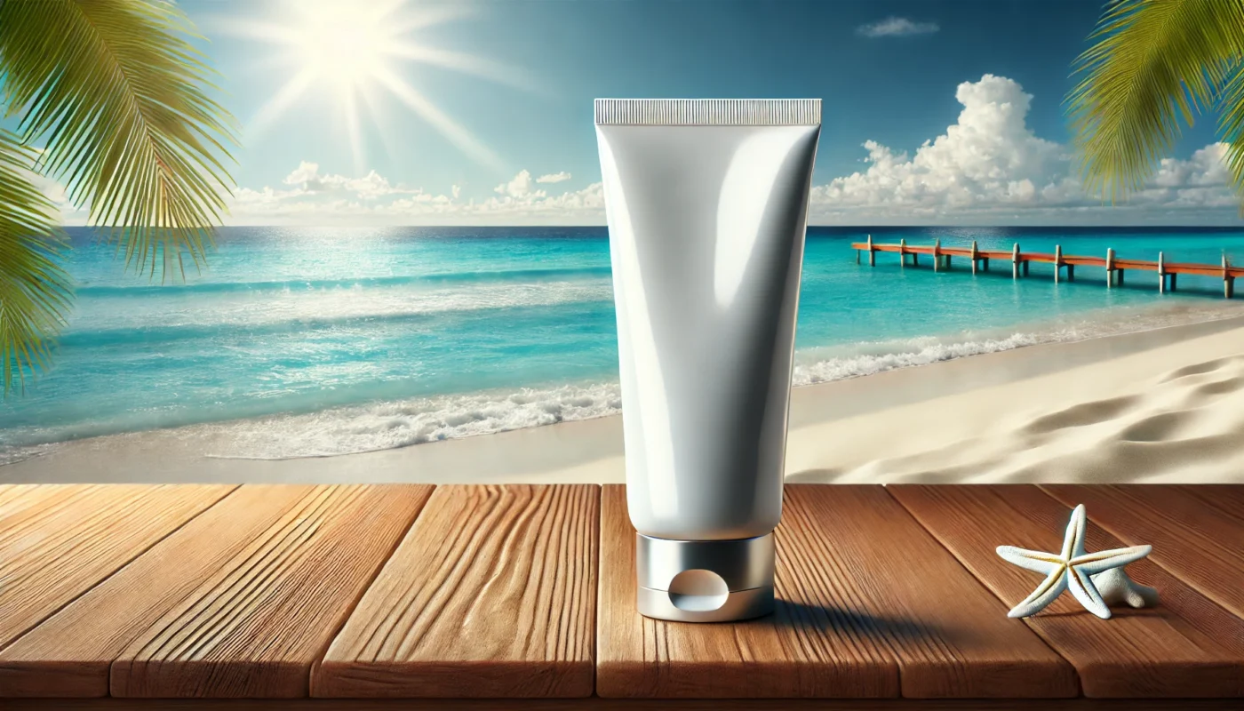 A tropical beach setting with a sunblock cream tube on a wooden table, surrounded by clear blue skies, sandy shores, and ocean waves, highlighting essential sun protection for outdoor environments.