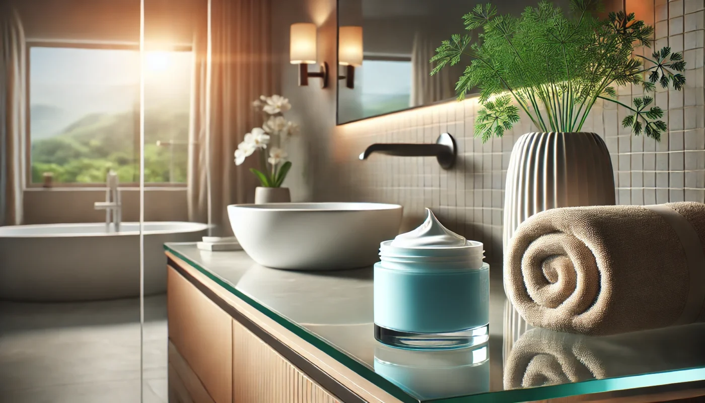 A luxurious bathroom setting featuring a sunblock cream jar placed on a glass shelf near a rolled towel and a potted plant, showcasing a serene and organized skincare routine.