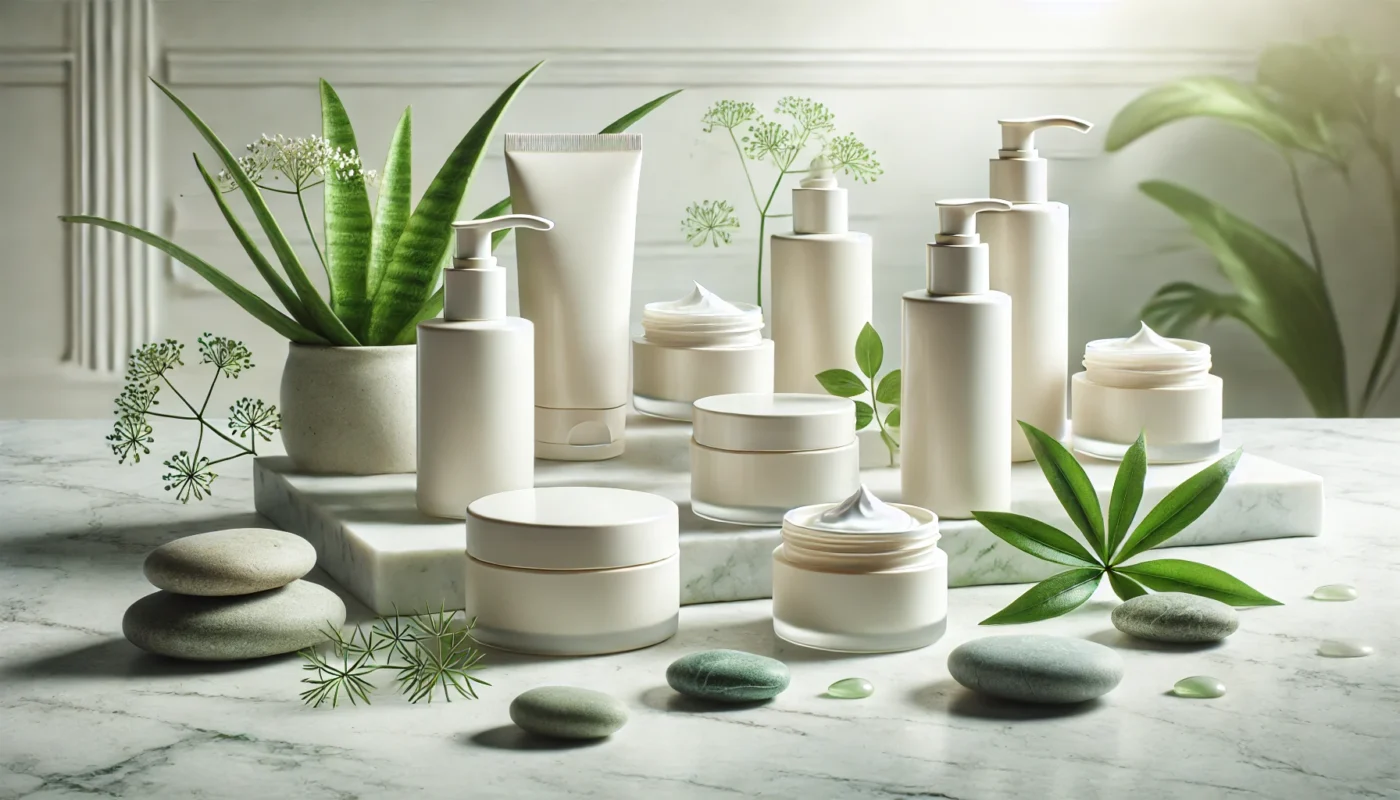 A collection of minimalist sunblock cream containers arranged on a marble counter with green leaves and smooth stones, emphasizing clean skincare and sun protection.