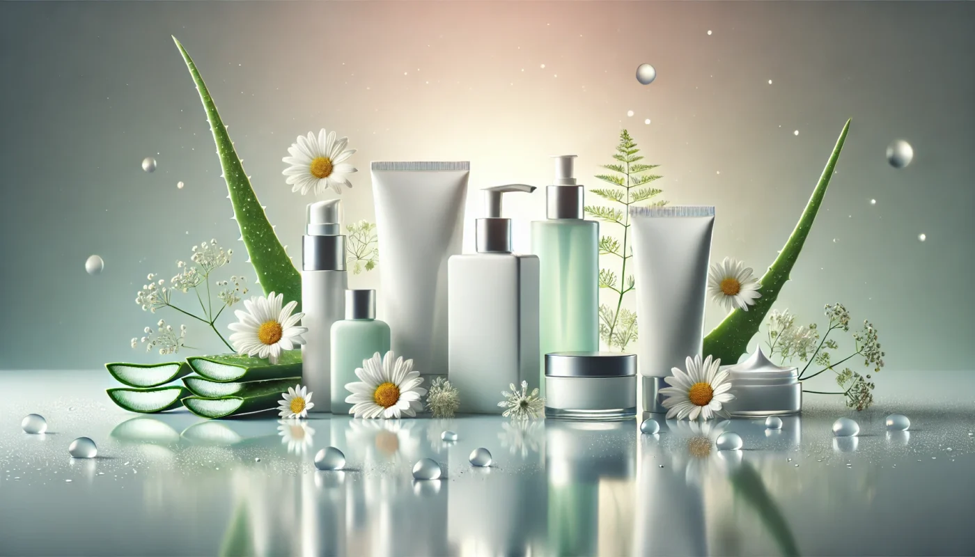 Minimalist display of sunburn relief creams surrounded by aloe vera leaves, chamomile flowers, and water droplets on a reflective surface for a cooling effect.