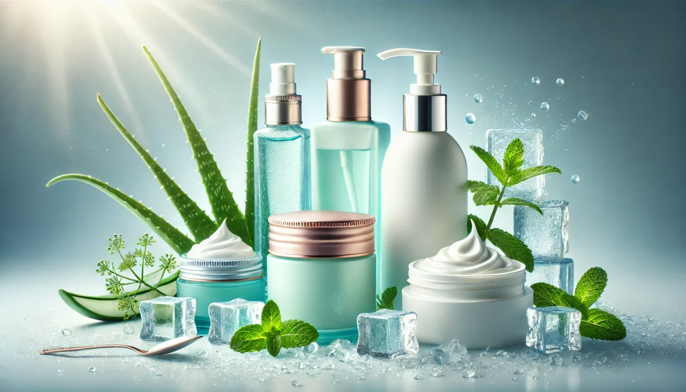 Luxurious arrangement of sunburn relief creams with mint leaves, aloe vera gel, and ice cubes, creating a refreshing and soothing aesthetic.