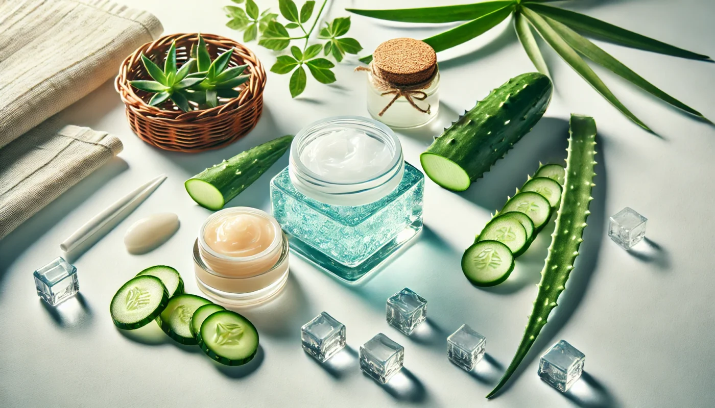 A fresh and professional layout featuring aloe vera leaves, a clear container of cooling gel, cucumber slices, and a soothing balm on a white background, symbolizing natural and effective remedies for sunburn relief.