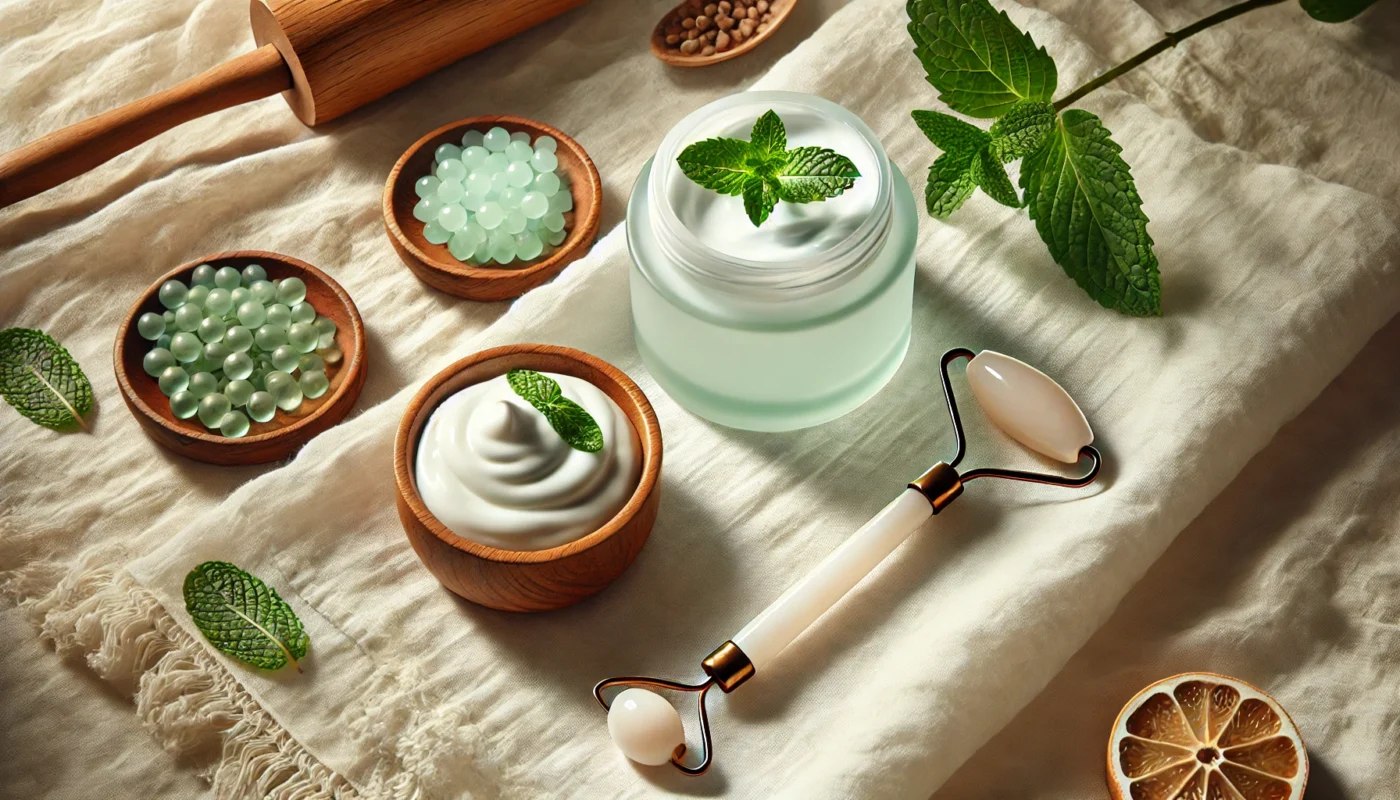 A clean and calming setup of sunburn relief remedies, featuring a frosted glass jar of soothing gel, a sprig of mint, a bowl of yogurt, and a jade roller on a white linen cloth, illuminated with natural light for a fresh and therapeutic feel.