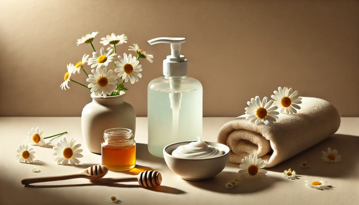 A serene and professional arrangement of sunburn relief essentials, including a clear pump bottle of aloe vera gel, fresh chamomile flowers, a bowl of honey, and a soft towel on a beige stone surface under diffused lighting.