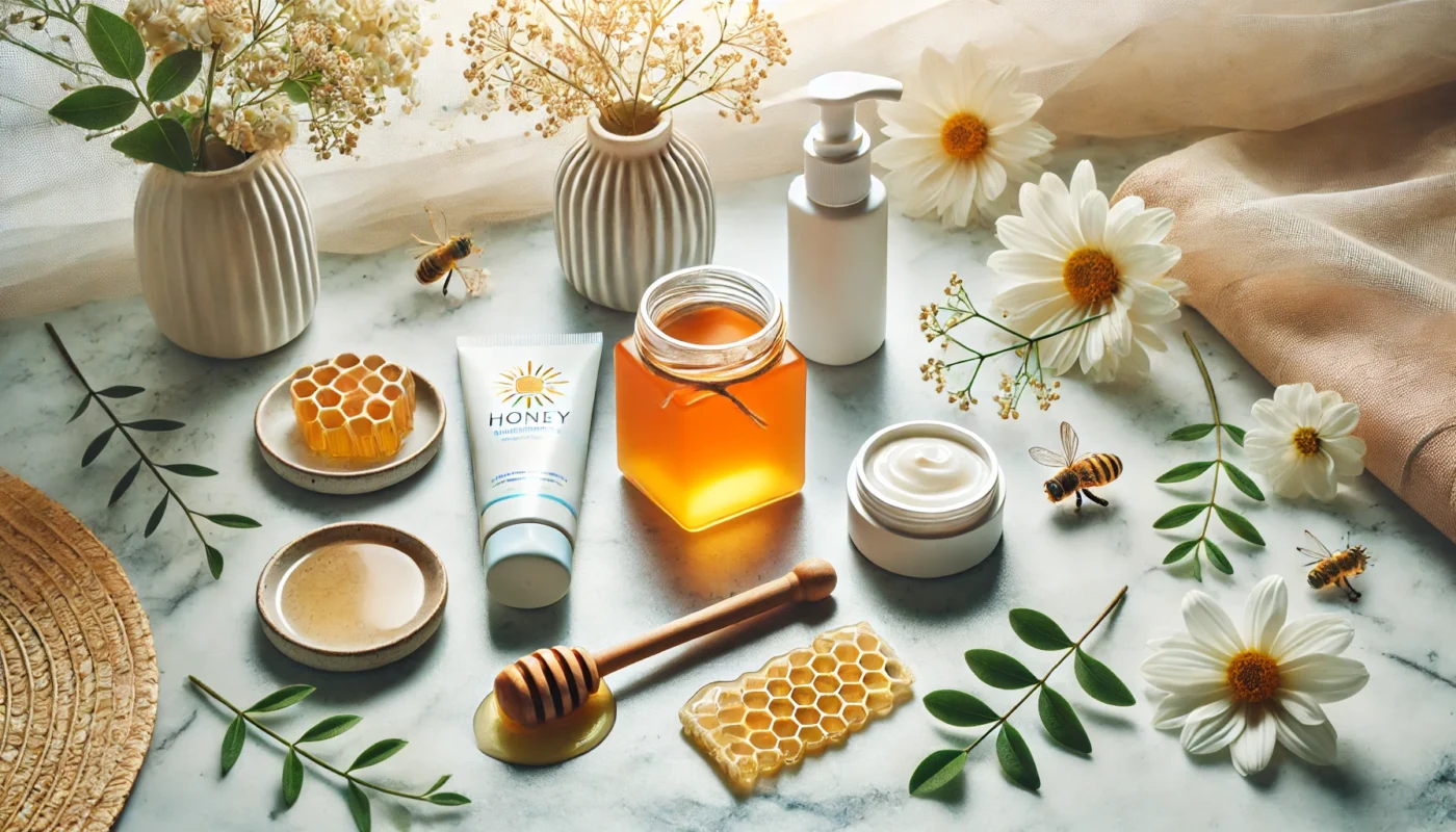 A serene flat lay featuring a jar of honey, honeycomb pieces, sleek sun care products, and fresh flowers on a white marble surface, highlighting the soothing benefits of honey for sunburned skin.