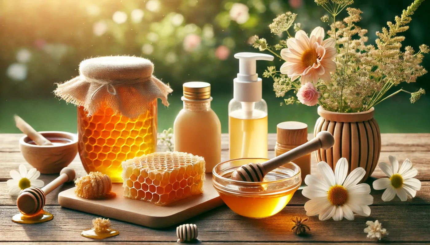 A soothing outdoor setup featuring a jar of honey, honeycomb pieces, sun care products, and fresh flowers on a wooden table, illuminated by natural sunlight to highlight honey's benefits for sunburn relief.