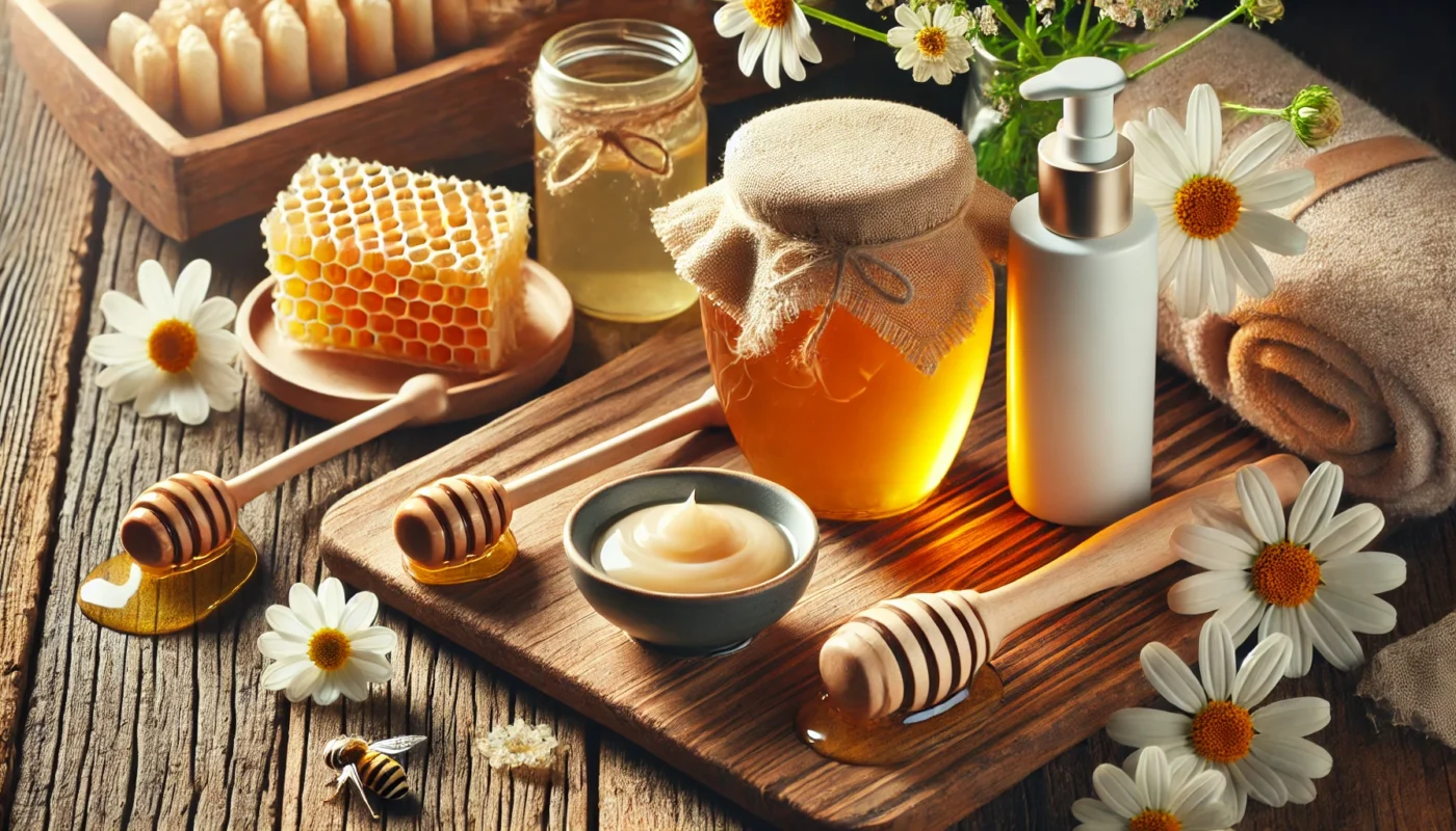 A natural flat lay setup showcasing a jar of honey, honeycomb pieces, sleek sun care products, fresh flowers, and a wooden honey dipper on a rustic wooden surface, highlighted by soft natural sunlight to emphasize honey's soothing benefits for sunburn relief.