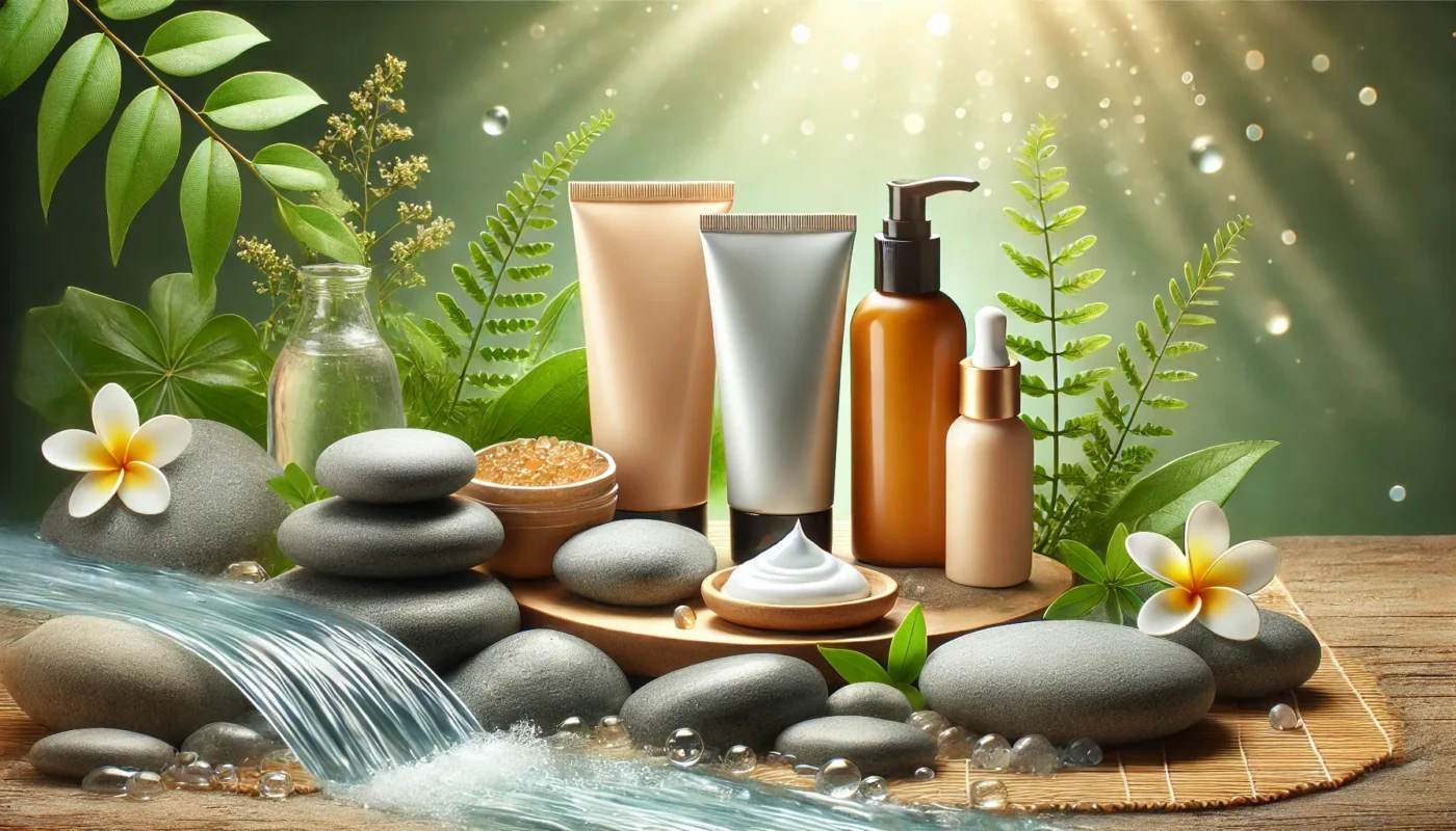 Sunscreen products arranged on smooth river rocks with flowing water, surrounded by green plants and flowers, creating a serene and natural hydration-focused skincare scene.