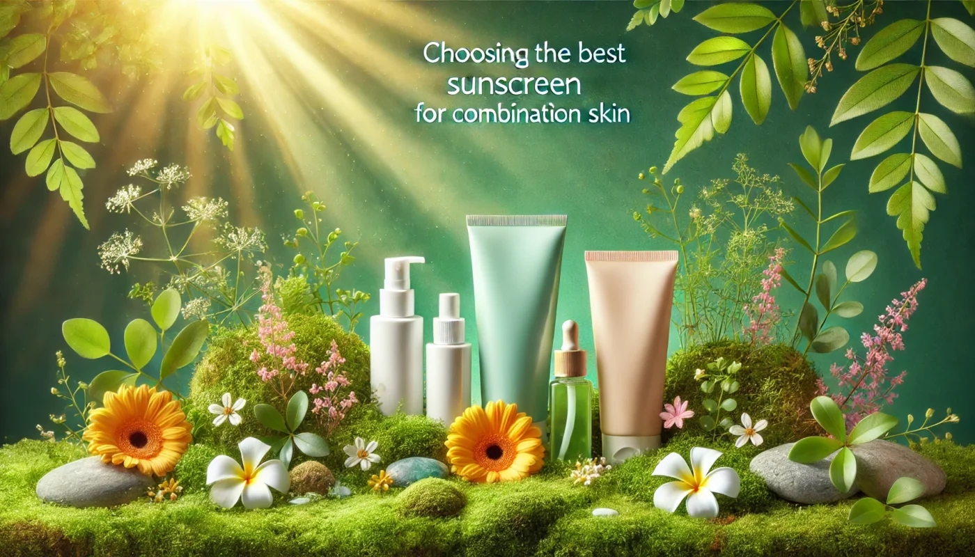 Sunscreen bottles and tubes displayed on a lush natural background with moss, flowers, and sunlight streaming through leaves, emphasizing eco-friendly and clean skincare for combination skin.