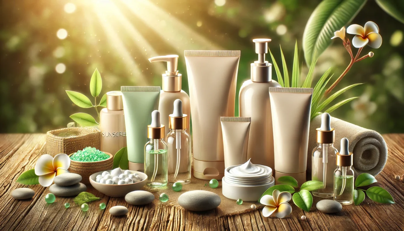 Sunscreen products elegantly arranged on a wooden table with green leaves, smooth stones, and soft sunlight, emphasizing freshness and skincare for combination skin.