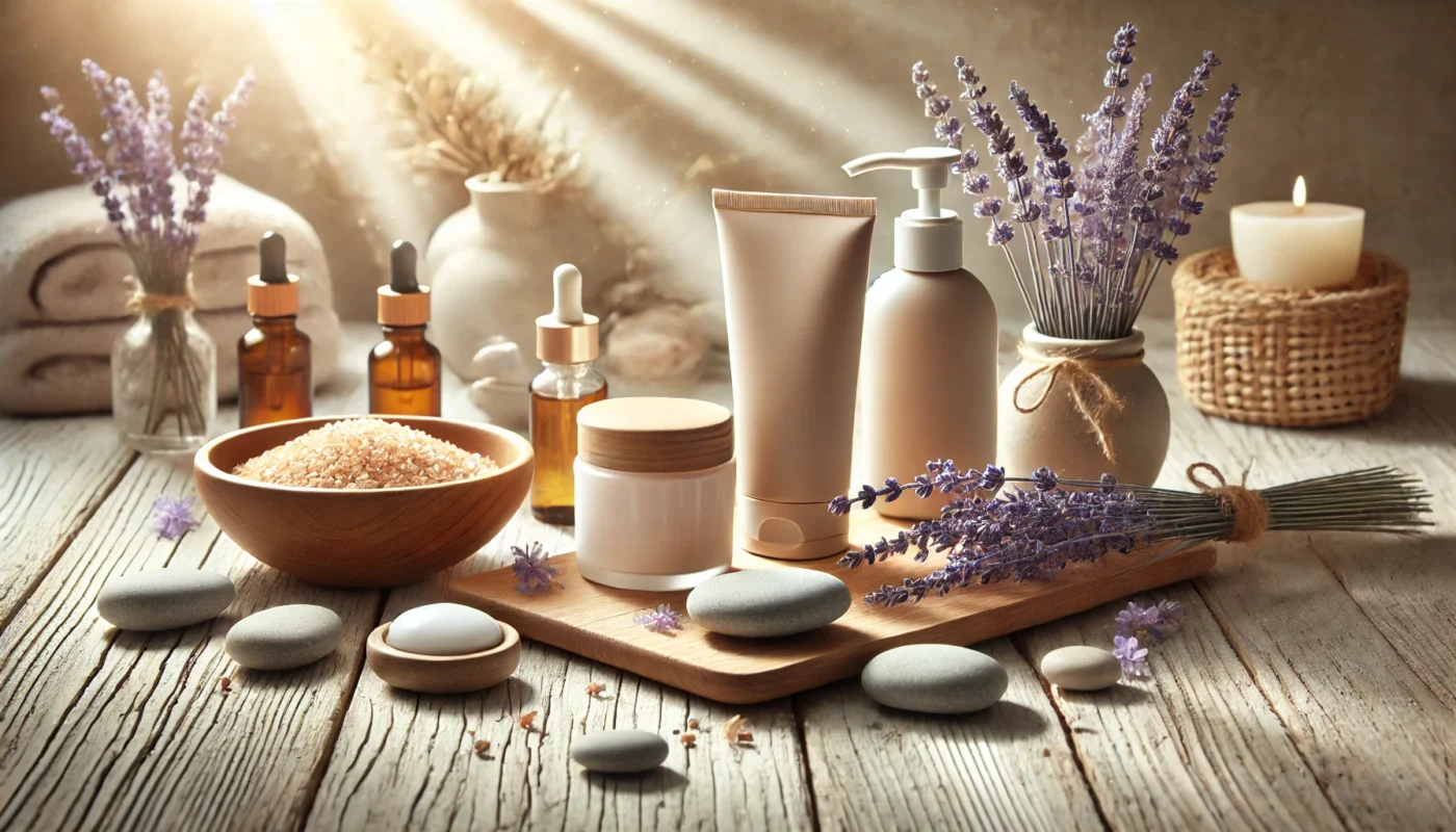 Sunscreen bottles on a light wooden surface with natural lavender flowers, essential oil bottles, and soft sunlight, evoking a calm, spa-like atmosphere for skincare solutions.