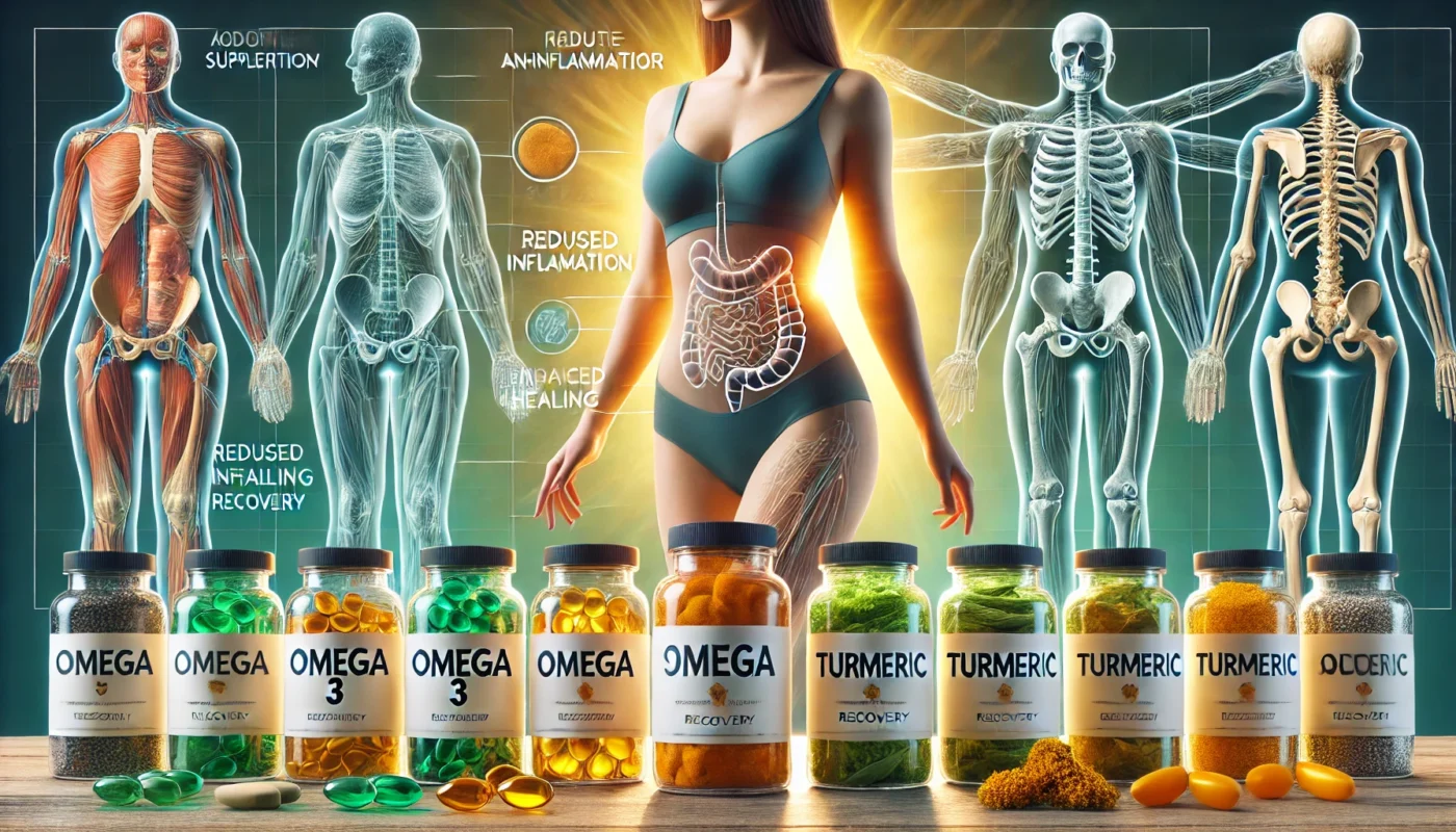 supplements for body contouring surgery recovery, featuring clearly labeled bottles of Omega 3 and Turmeric 