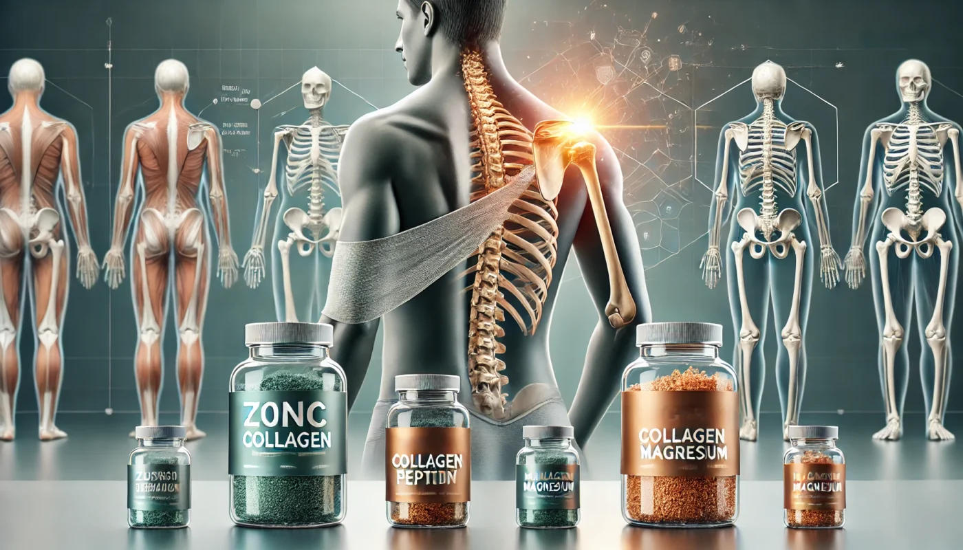 supplements for collarbone (clavicle) surgery recovery, featuring prominently displayed bottles of Zinc, Collagen Peptide