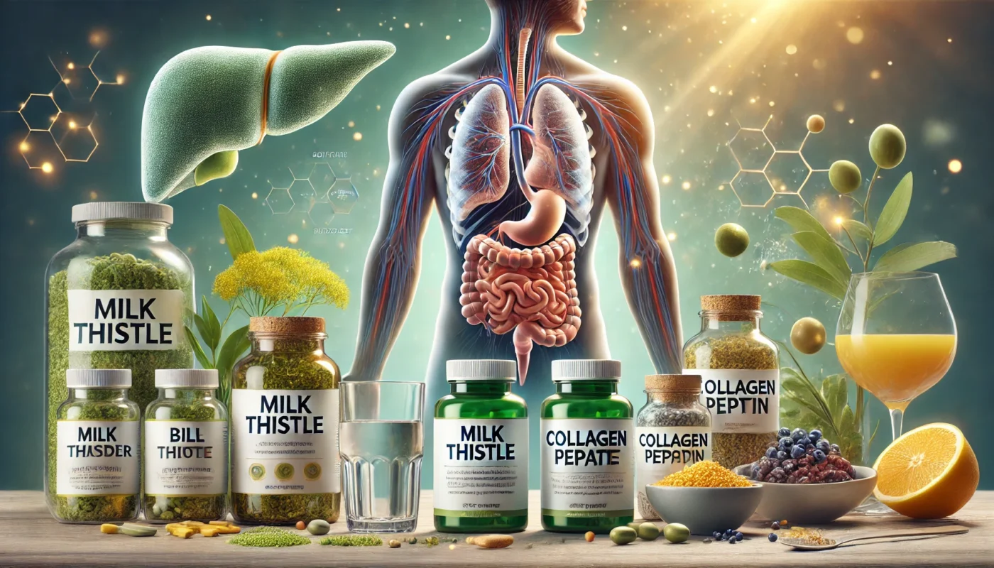 supplements for gallbladder removal recovery, featuring prominently displayed bottles of Milk Thistle and collagen peptide