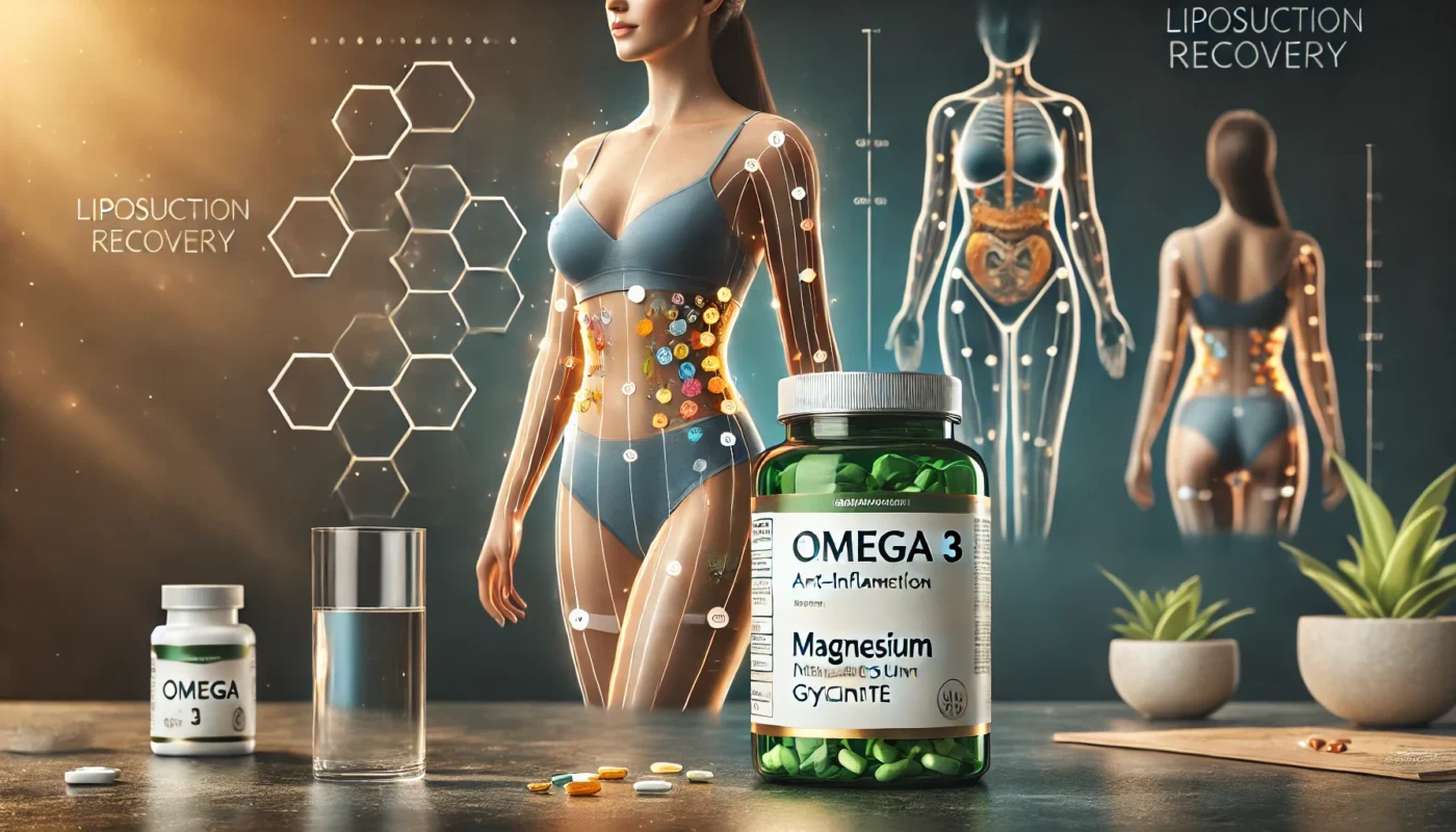 supplements for liposuction recovery, featuring prominently labeled bottles of Omega 3 and Magnesium Glycinate