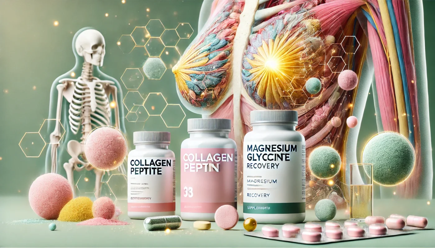 supplements for mastopexy (breast lift) recovery, bottles of Collagen peptide and magnesium glycinate for mastopexy recovery