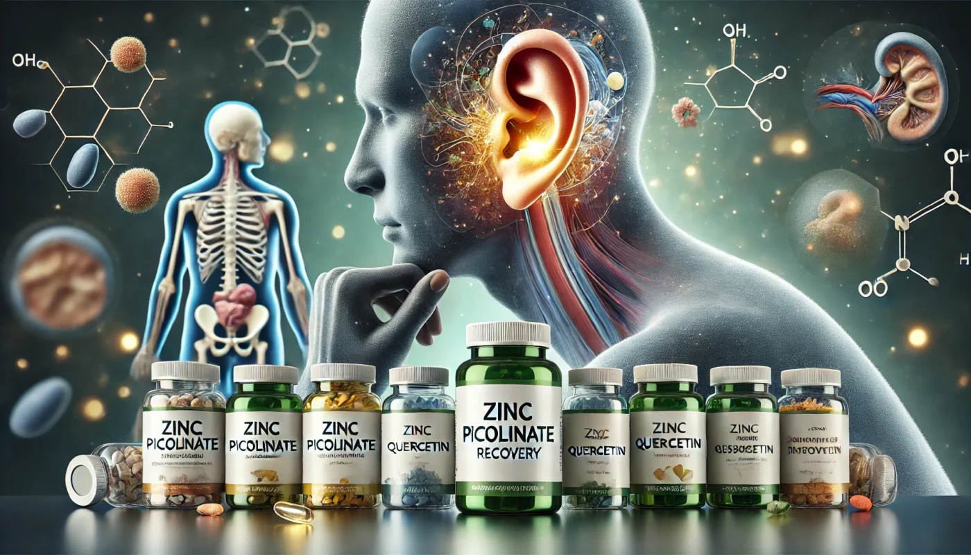 supplements for otoplasty (ear surgery) recovery, featuring prominently displayed and clearly labeled bottles of Zinc Picolinate