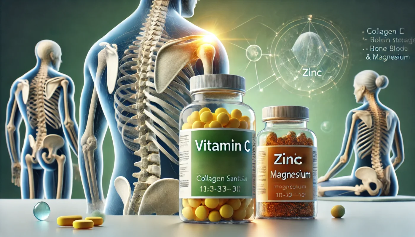 supplements for scapula (shoulder blade) fracture recovery, featuring prominently displayed bottles of Vitamin C, Zinc, 