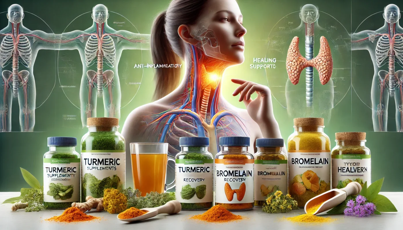 supplements for thyroidectomy recovery, featuring prominently displayed bottles of Turmeric and Bromelain, 