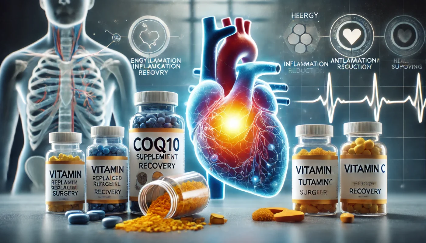 supplements for valve replacement surgery recovery, featuring prominently displayed bottles of CoQ10, Turmeric, 