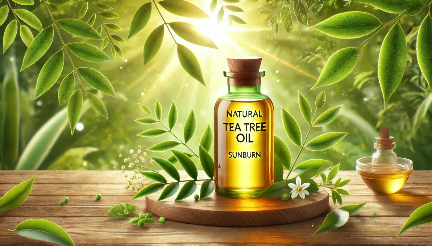 A natural setup showcasing tea tree oil in a glass bottle on a wooden surface surrounded by vibrant green tea tree leaves, with soft sunlight streaming through leaves in the background, symbolizing healing and sunburn relief.