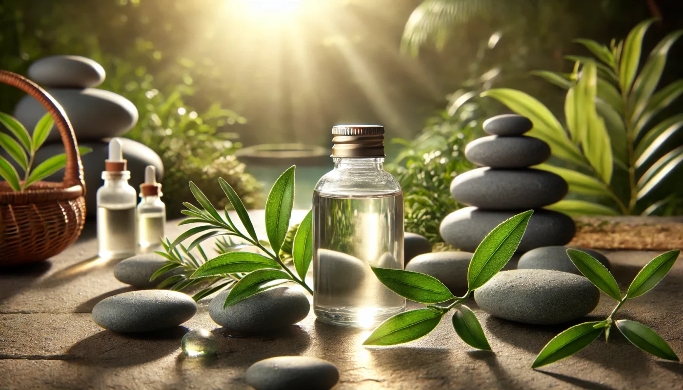 A calming visual of a glass bottle of tea tree oil nestled among smooth stones and green tea tree leaves, set against a sunlit garden background, symbolizing natural sunburn relief and tranquility.