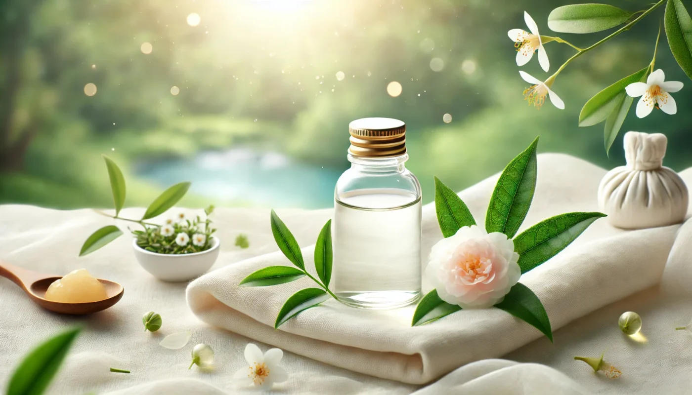 A natural scene featuring a glass bottle of tea tree oil on soft white fabric, surrounded by fresh tea tree leaves and delicate petals. The tranquil outdoor setting with blurred greenery and sunlight highlights the soothing and healing properties of tea tree oil.