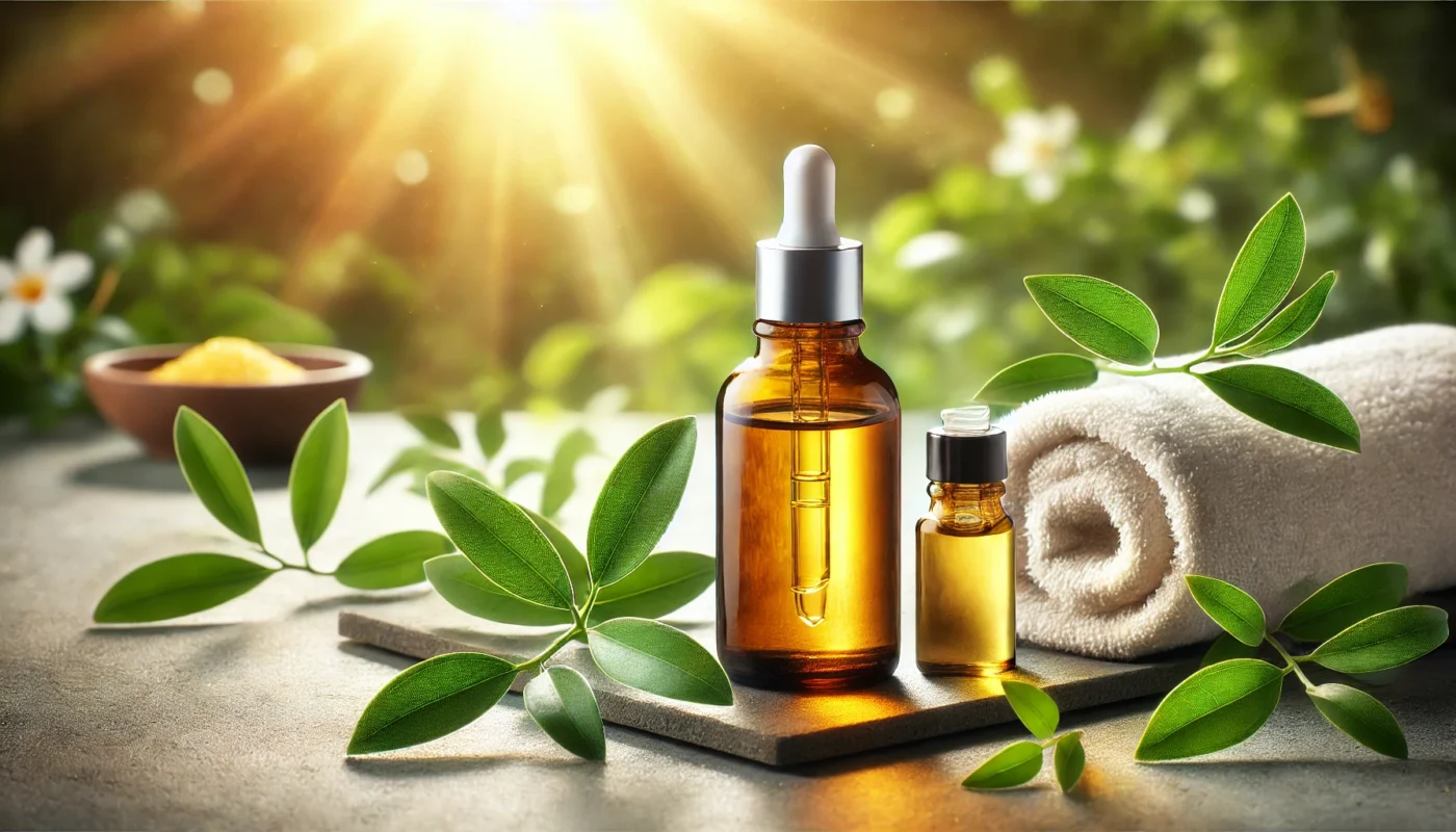 A serene image showcasing a glass dropper bottle of tea tree oil on a natural stone surface, surrounded by fresh tea tree leaves and a soft white towel. Warm sunlight filtering through foliage evokes a therapeutic and soothing atmosphere, highlighting the oil's natural healing properties.