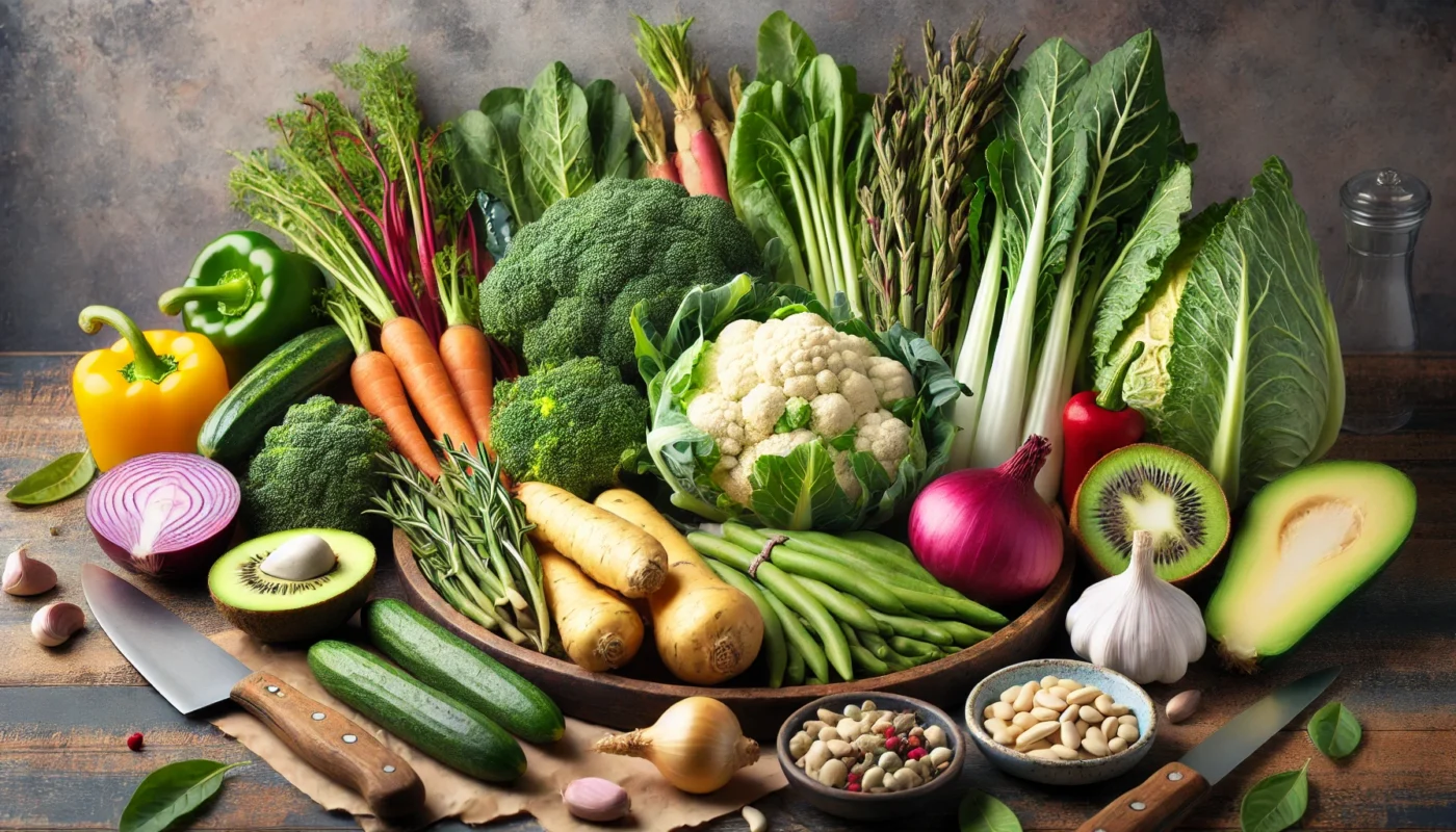 A selection of fresh vegetables prepared for a hormone-balancing meal, featuring cruciferous vegetables, leafy greens, root vegetables, allium vegetables, and sea vegetables. These nutrient-dense ingredients support female hormonal health naturally.