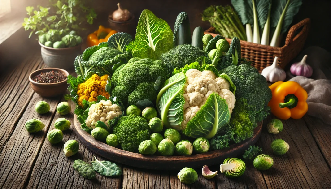 A vibrant selection of cruciferous vegetables, including broccoli, cauliflower, Brussels sprouts, and kale, displayed on a rustic wooden surface. These hormone-balancing vegetables support estrogen metabolism and overall female hormonal health.