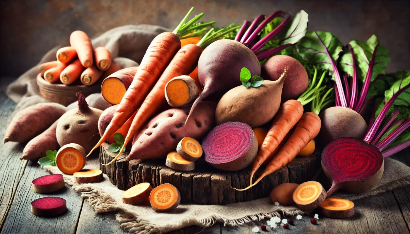 A fresh selection of root vegetables, including sweet potatoes, carrots, and beets, arranged in a natural, earthy setting. These nutrient-dense vegetables help stabilize blood sugar levels, promoting hormonal balance in women.