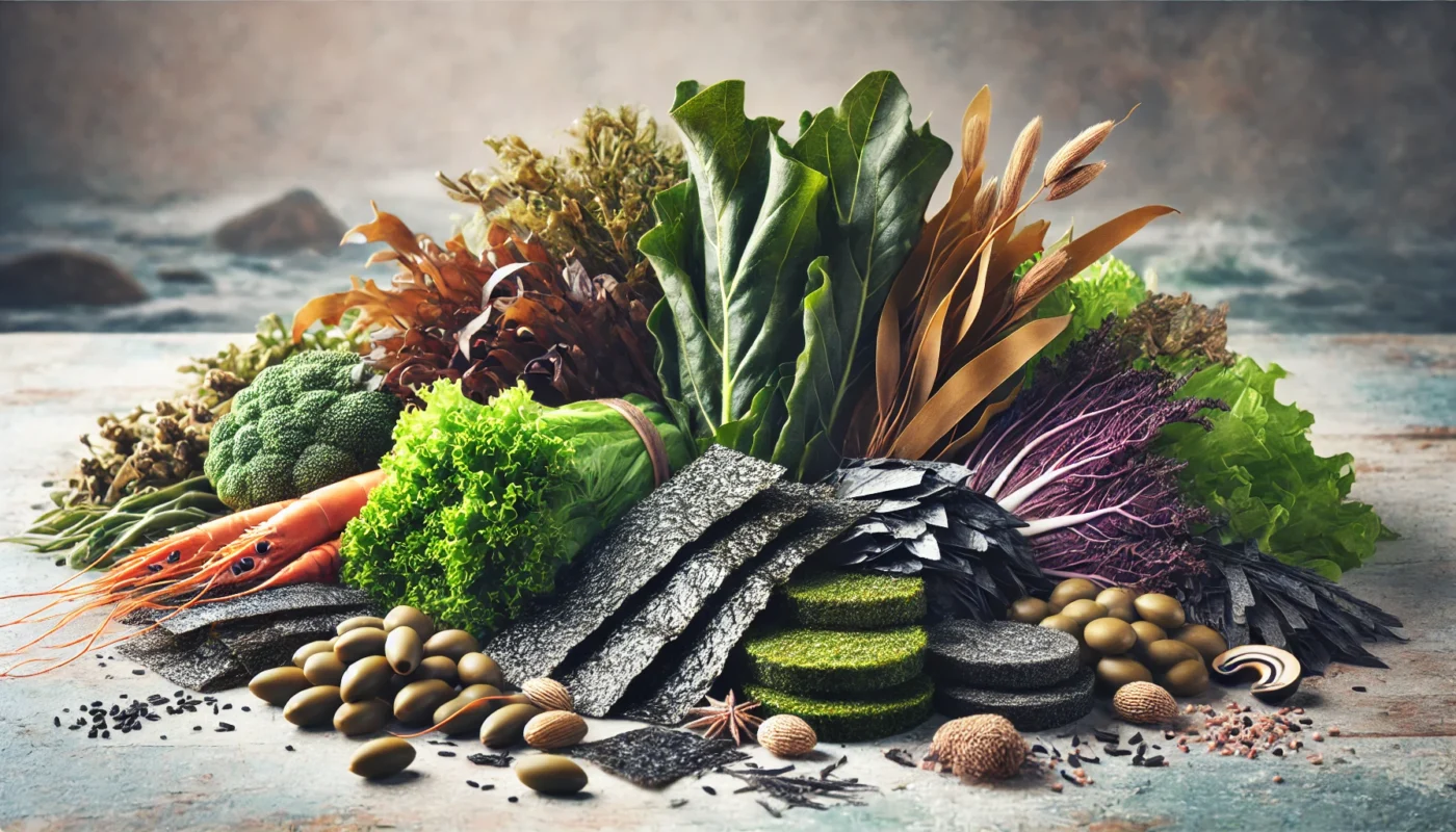 An assortment of sea vegetables, including kelp, nori, and dulse, beautifully arranged on a wooden surface with subtle oceanic elements. These iodine-rich vegetables are essential for supporting thyroid function and female hormonal balance.