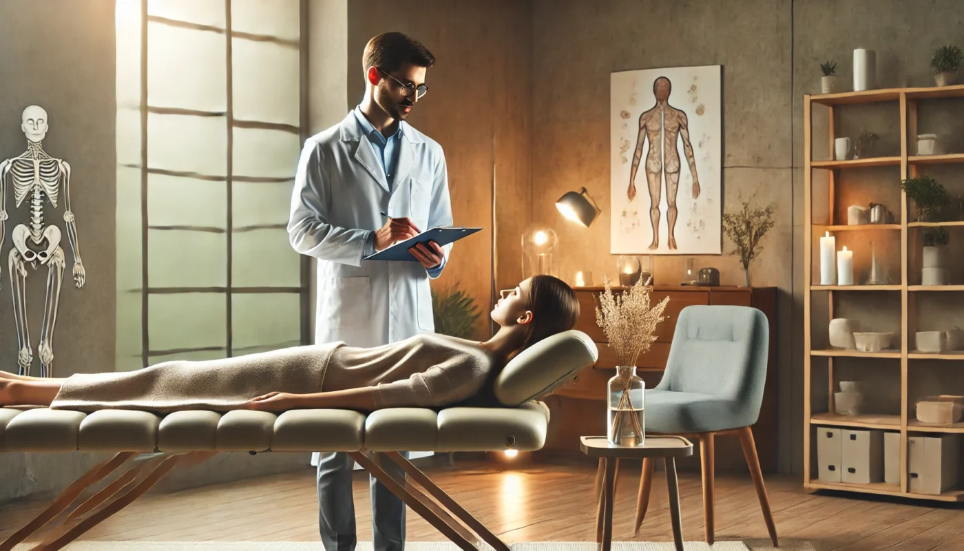 "A professional pain therapist consulting with a patient in a modern wellness clinic. The serene environment features soft lighting, anatomical charts, and natural decor, creating a calming atmosphere for holistic pain management and therapy sessions."