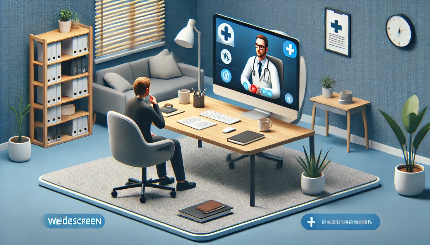 "A patient attending a virtual telemedicine consultation for their pain care plan, seated in a modern home office with a doctor displayed on a computer screen, highlighting the role of technology in accessible pain management."